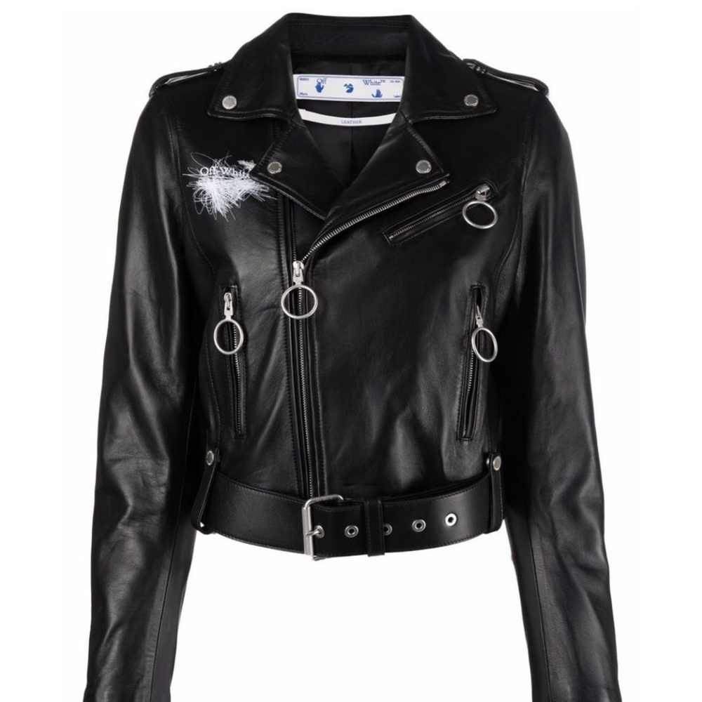 Off White Leather Biker Jacket arrows motif